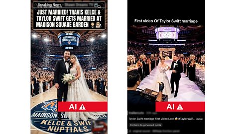 Two TikTok posts showing AI-generated images of the Taylor Swift and Travis Kelce getting married at Madison Square Garden
