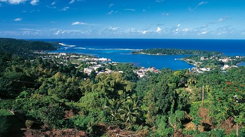 A landscape image showing a view from above. In the foreground is a lush green forest, which gives way to a rich blue sea and a light blue sky dotted with clouds above. 