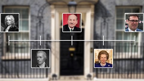 A timeline of Prime Ministers (Walpole, Pitt, Attlee, Thatcher, Burnham) on a blurred background of 10 Downing Street