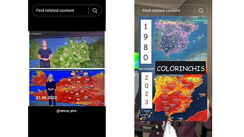 An image showing two TikTok posts that suggest the colours on weather maps have been altered in recent years to make temperatures seem warmer than they are