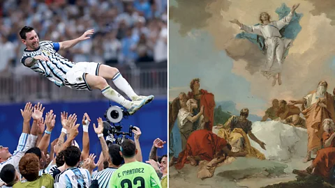 Getty Images/ Virginia Museum of Fine Arts A composite of Team Argentina tossing Lionel Messi in the air and Tiepolo's Ascension of Christ (Credit: Getty Images/ Virginia Museum of Fine Arts)