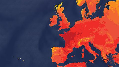An image showing a weather map during a heatwave with lots of areas shaded in red to show high temperatures