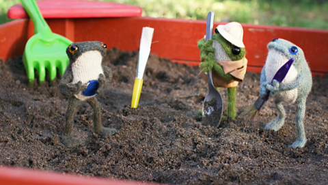 Three toy frogs in a sand tray