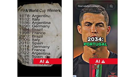 An image featuring an Instagram post and TikTok post with predictions for the winners of the 2026 World Cup and future men's tournaments