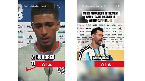Two images showing AI-generated post-match interview featuring England's Jude Bellingham and Argentina's Lionel Messi at the 2026 World Cup