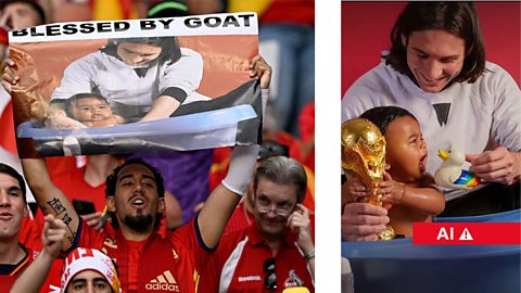 An image of a Spanish football fan holding up the original 2007 photo of a 20-year-old Lionel Messi bathing a five-month-old Lamine Yamal for a charity event, contrasted with an AI-generated meme of the same scene where Yamal has a squeaky World Cup toy to show how they would meet in the final 19 years later