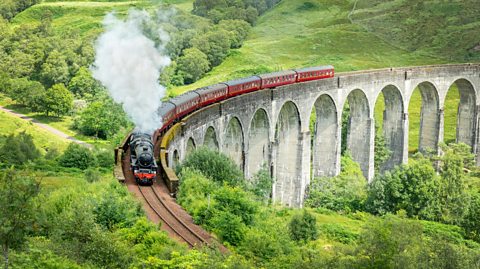 Glenfinnan viaduct in Scotland, the train and the bridge are in the Harry Potter films. 