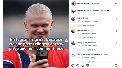 An image showing Erling Haaland on the Premier League's Instagram account