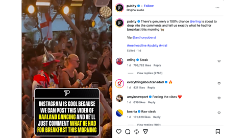 An image showing an Instagram post from the account Pubity which interacted with Erling Haaland and got a reply
