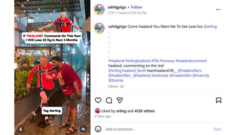 An image showing the Instagram account of sahilgptgo who said he would lose 20kg in weight if Haaland interacted with him