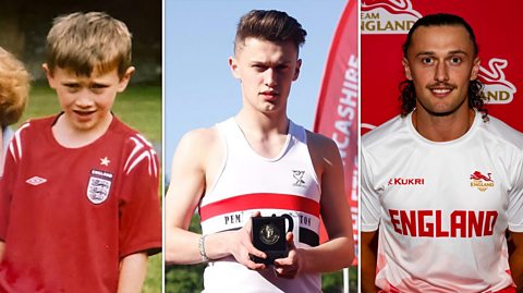 Three images of Team England sprinter Elliot Jones. Left: Elliot as a child wearing an England football shirt. Middle: Elliot as a teenager holding a medal after a competition. Right: Elliot as an adult wearing his white-and-red Team England jersey.