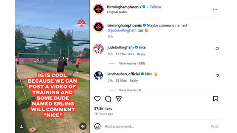 An image showing an Instagram post from the cricket club Birmingham Phoenix with an interaction from England star Jude Bellingham