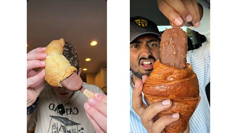 An image showing two TikTok users tasting the new viral food for summer 2026 - putting a Magnum ice cream inside a croissant