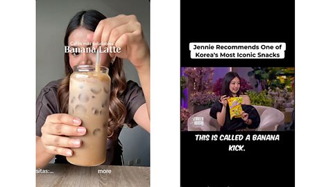 An image of two TikTok posts. The first shows someone trying a new banana latte and the second a clip of Jennie Kim from the K-Pop group Blackpink talking about her love of the Banana Kick corn snack on a US chat show