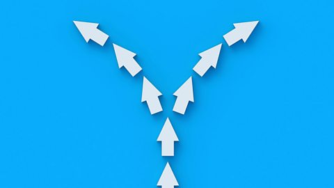 White arrows splitting into two pathways against a blue backgroun.