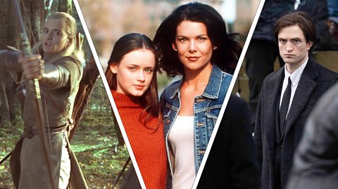A composite image of Orlando Bloom in Lord of the Rings, Alexis Bledel and Lauren Graham in Gilmore Girls, and Robert Pattinson in Batman