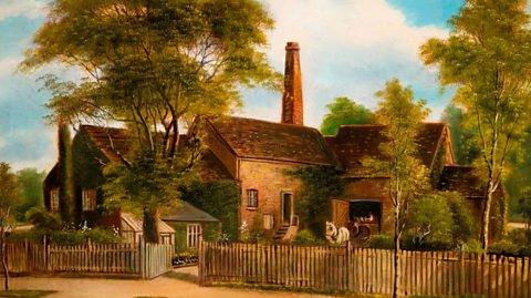 An coloured illustration of Sarehole Mill over a century ago, showing a brick building mill surrounded by trees and a wooden fence