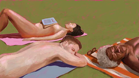 BBC/ Prashanti Aswani An illustration of three figures lying down sunbathing without tops on (Credit: Prashanti Aswani)