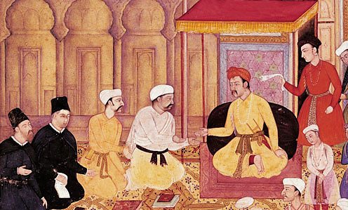 Emperor Akbar in conversation with Jesuit missionaries