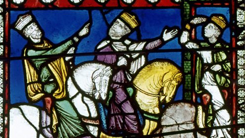 RIDE OF THE MAGI. North Choir Aisle Bible Windows, Canterbury Cathedral, England.