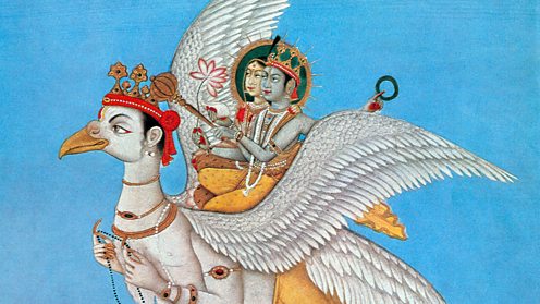 Rama and Sita riding on Garuda, the sun-eagle.