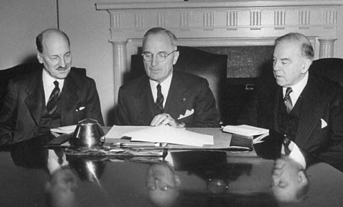 Harry S. Truman (C), Clement Atltee (L) and King Mackenzie at the White House