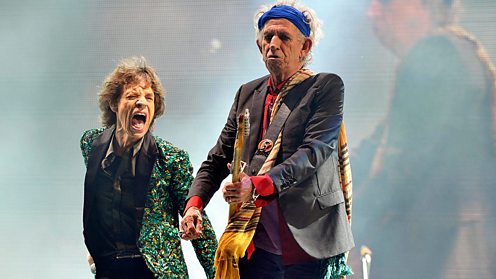 Mick Jagger and Keith Richards of the Rolling Stones onstage at Glastonbury in 2013