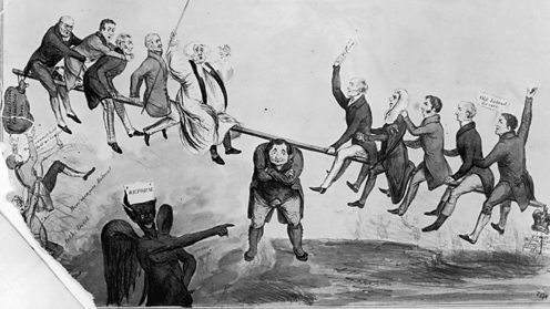Newspaper illustration showing the rival factions warring over reform