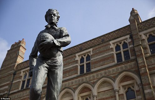 The inspiration A statue at Rugby School depicting the moment