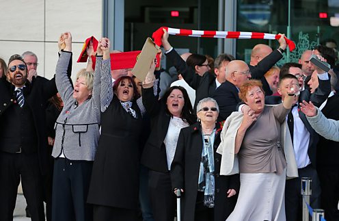 Families react as the Hillsborough inquest jury concludes fans were unlawfully killed.