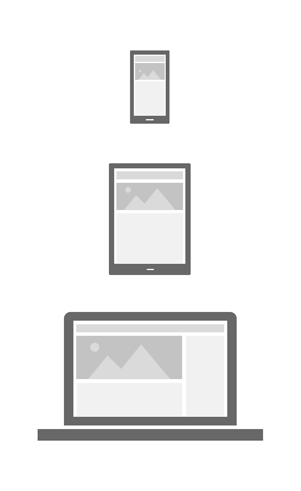 Three different size devices showing a responsive page layout