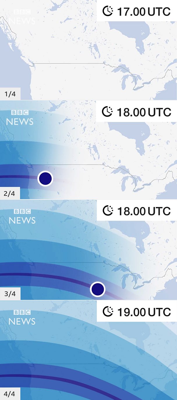 Four animation frames showing a growing storm on a hurricane-tracking map