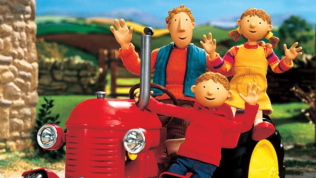 I want a big red tractor in a cartoon