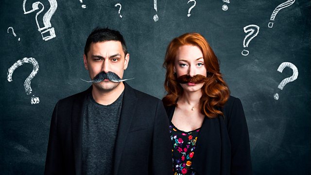 Image of the podcast's hosts wearing mustaches