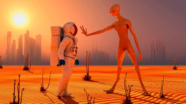 Image of an astronaut and an alien on an orange mars-like planet