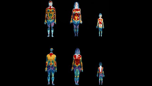 Thermograms of the front and back of a man, woman and child.