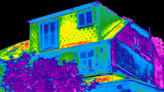 Thermogram of a house showing areas of heat loss.