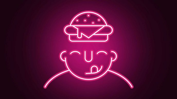 A graphic of a neon light in the shape of a head with a burger in the place of the forehead/brain.