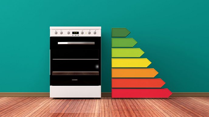 A picture of an oven with an energy rating scale next to it