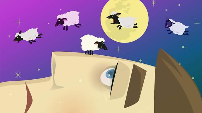 Illustration of someone trying to get to sleep by counting sheep