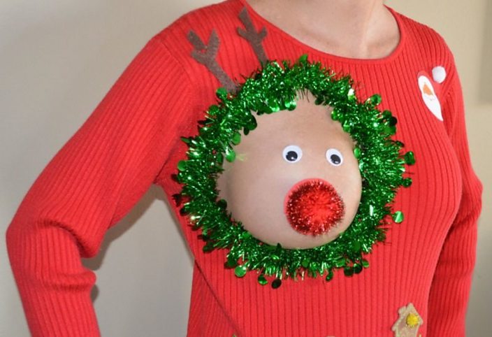 Adults Feel The Joy This Xmas Rudolph Boob Reindeer Adult Humour Festive  White Christmas Jumper - Dragons Den Fancy Dress Ltd