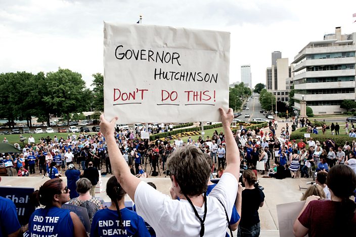 Campaigners opposed to the death penalty rally in Arkansas.