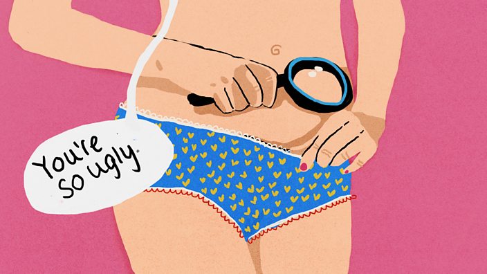 Cartoon of woman looking into her underwear with magnifying glass and saying, "You're so ugly."