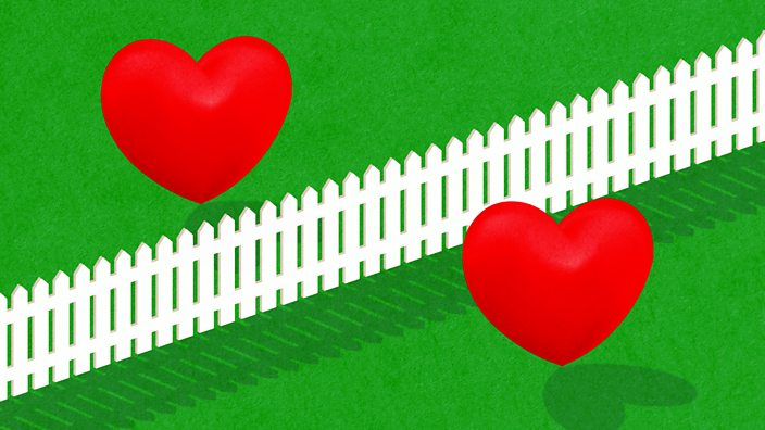 An illustration of two hearts with a fenced boundary between them