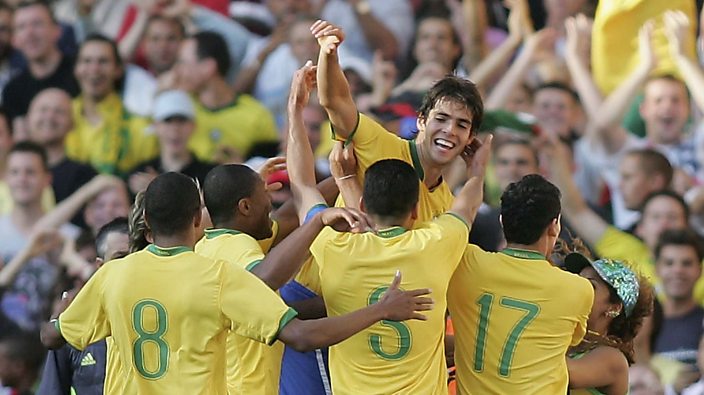 AC Milan star Ricardo Kaka' of Brazil celebrates after scoring