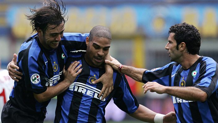 Adriano celebrates with Alvaro Recoba and Luis Figo