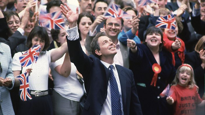A photo of Tony Blair in front of a crowd after Labour's election win.