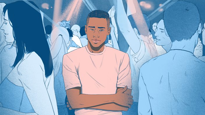 An illustration of Phil's experience in a gay club with an overwhelming white majority