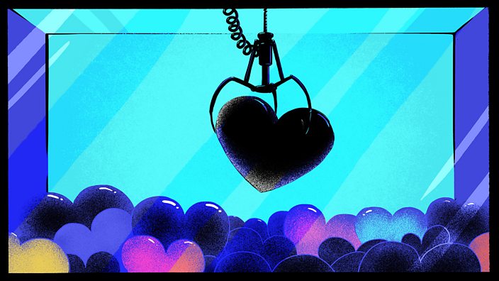 An illustration of a black heart being picked up by an arcade claw game