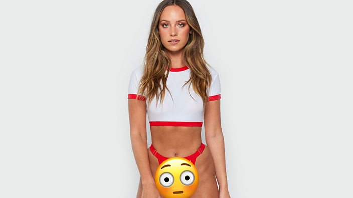 Model in bikini bottoms with yellow embarrassed emoji